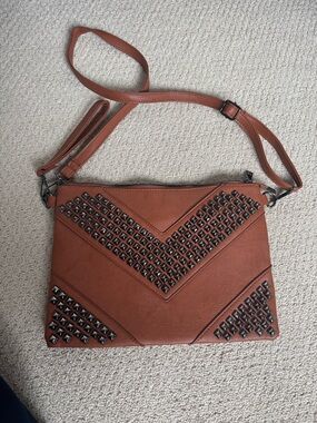 Studded Chevron Crossbody Bag in Cognac